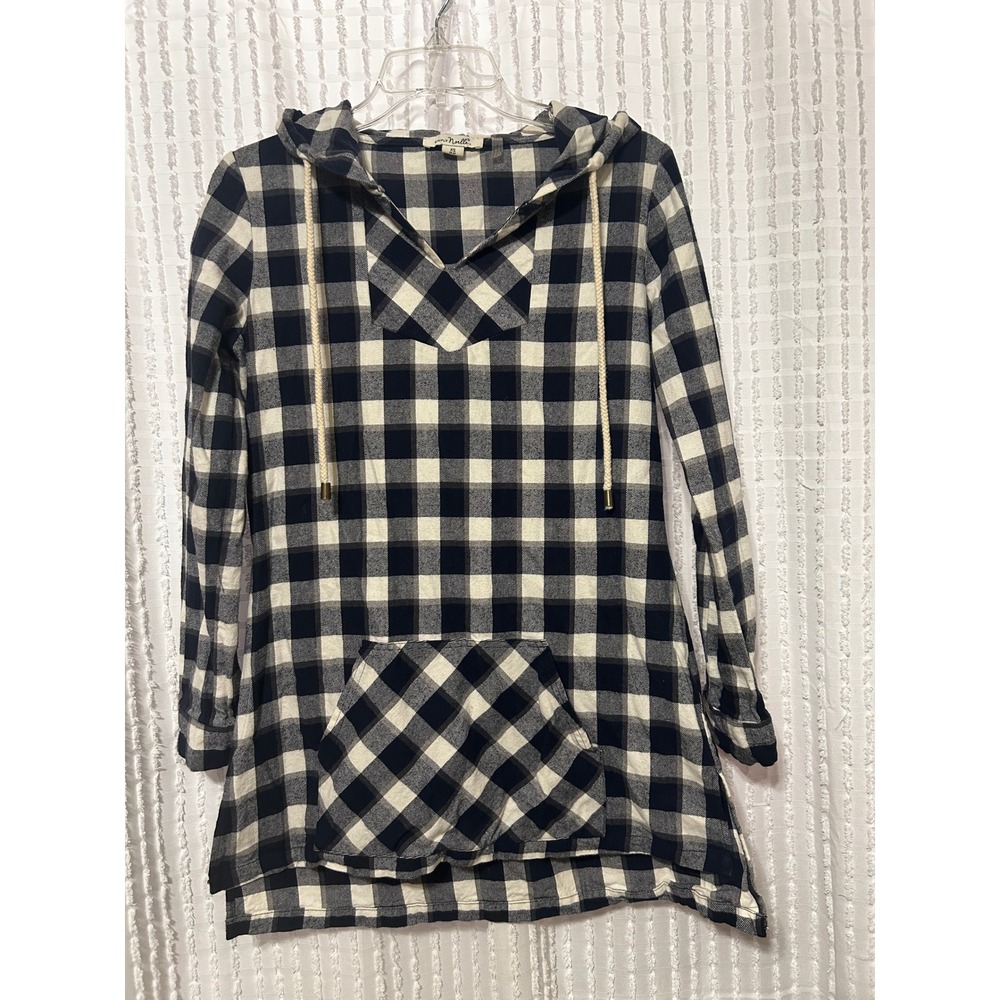 Simply Noelle Black White Buffalo Check Plaid Hooded Tunic Top Cotton XS